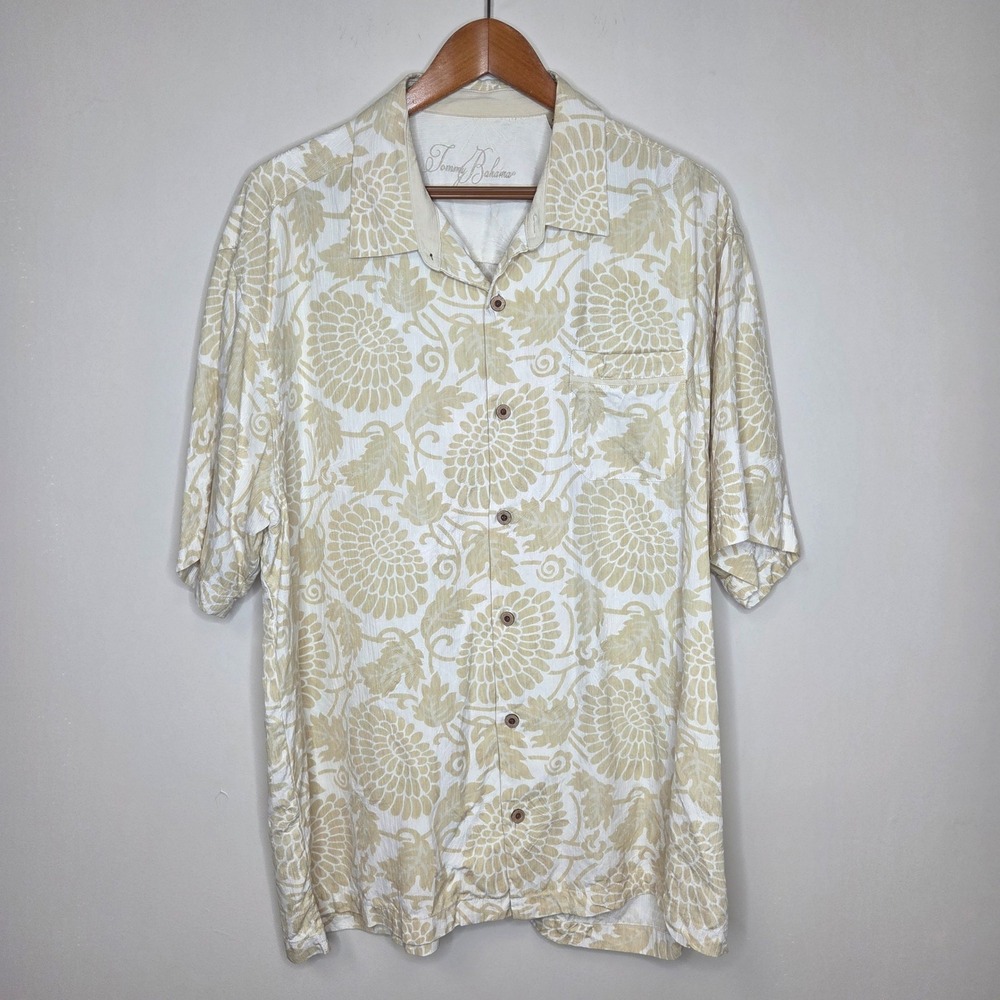 Tommy Bahama Mens XL Silk Floral Camp Shirt Tan Cream Short Sleeve Vintage Y2K